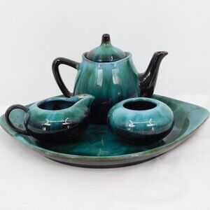 Blue Mountain Stoneware Pottery Drip Glaze 4 piece Tea Set Vintage MCM Canada
